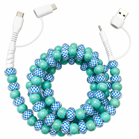 Câble de charge USB 4-en-1 à motif damier turquoise avec perles, cordon multi-chargeur Type C, câble de téléphone multi-connecteurs