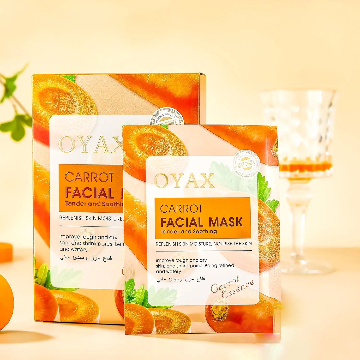 Masque facial rafraîchissant et nourrissant Masque en feuille à base de carotte avec matériau en cristal pour hydrater le visage