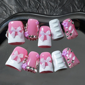 Uñas acrílicas artesanales de alta gama al por mayor, uñas postizas cortas de cobertura completa con forma de pico de pato, con pedrería, diseño 3D, personalizables - Product Image 1