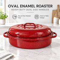 Plat à rôtir ovale en émail rouge pour dinde, avec couvercle, en acier moucheté, résistant au four, pour Thanksgiving, commandes en gros