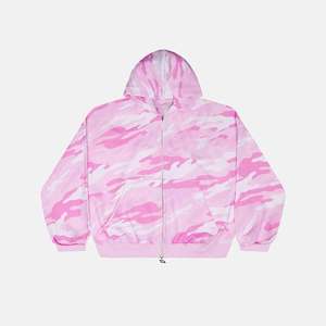Sudadera con capucha de forro polar para hombre, personalizada, con cremallera bidireccional, estilo vintage, lavado ácido, camuflaje Bottomland Leaf Woodland, color rosa - Product Image 3