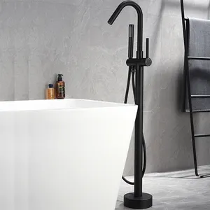 现代落地黑色双手柄浴缸混音器水龙头独立式浴缸和淋浴套装浴室浴缸水龙头