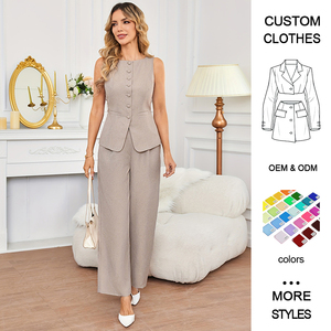 Spring Summer Thin Breathable Loose Solid <strong>Women's</strong> Two-Piece Sleeveless Top Strap Waist French Wide Leg <strong>Pants</strong> Fashion Suit Button - Product Image 1