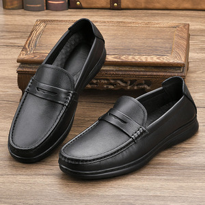 Men's Genuine Leather Round <b>Toe</b> Loafers Slip-On Rubber Outsole Breathable Office Career All Seasons Solid Color Dress Shoes - Product Image 1