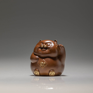 Ornement en laiton chat porte-bonheur marron compact, décoration de bureau Feng Shui pour réception de bureau et comptoir de magasin, cadeau du Nouvel An chinois - Product Image 2