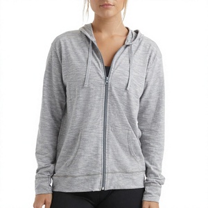 Women's Gray Zip Up Hoodie Full Zip Sweatshirt Cotton Blend Drawstring Side Pockets Ribbed Cuff Casual Streetwear - Product Image 2