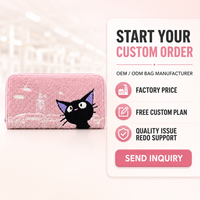 Dompet Wanita Motif Kucing Bordir Chenille, Resleting, Bahan Lembut, Lucu, Warna Pink, Dompet Kartu dan Uang Koin