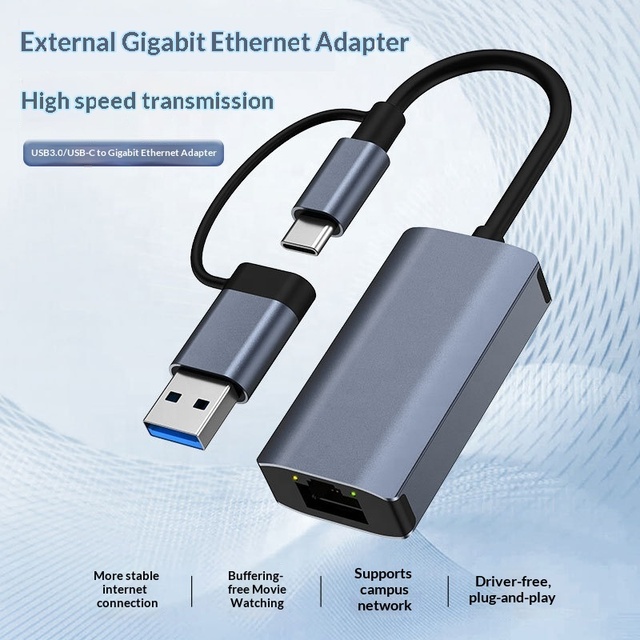 Dual Port USB Type C to RJ45 1000Mbps Ethernet Adapter Plug and Play Laptop External Network Accessory