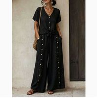 Ensemble en coton et lin uni de style européen et américain, haut ample à manches courtes et col en V, pantalon large à taille haute