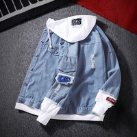 Nouvelle veste en jean streetwear tendance pour homme, décontractée, ample, à capuche, déchirée, effet patchwork, faux deux pièces