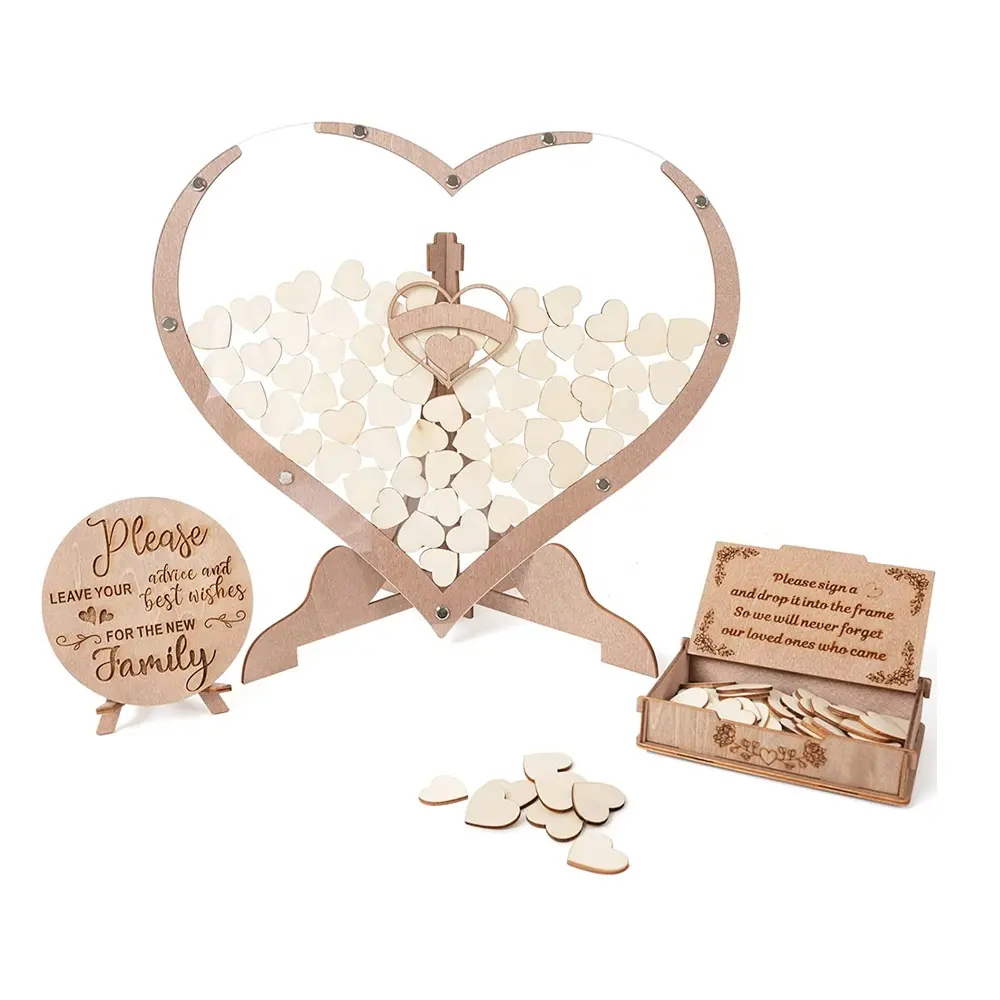 Wholesale Factory Heart Shape Wood Wedding Guest Book Wooden Picture Frame Hearts Dropping for Wedding Birthday Party