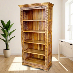 <b>Modern</b> Solid Recycled Wooden Open Bookcase Bookshelf Display Showcase 5 <b>Shelves</b> With Back Panel Hand Carved For Living Room Hote - Product Image 1