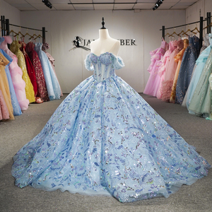 Robe de mariée artisanale Dy6926, luxueuse, à épaules dénudées, ornée de perles et de paillettes, robe de bal bleu ciel, Jancember - Product Image 3