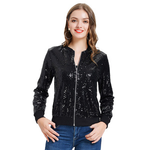 KC000097 OEM soporte manga larga cuello cremallera abrigo de las mujeres brillantes lentejuelas de béisbol chaquetas - Product Image 2