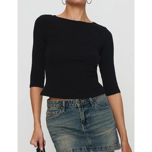 FOXA Top corto de manga 3/4 con cuello barco para mujer, tejido acanalado, corte ajustado, informal, básico, para primavera y verano - Product Image 3