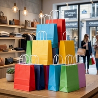 Sacs en papier kraft compostables et réutilisables avec poignées en ruban coloré, pour emballage alimentaire, vente à emporter, promotion, logo personnalisé