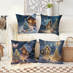 Scènes de village de Noël chaleureuses sur des coussins décoratifs avec neige, arbres et lumières douillettes pour la décoration des fêtes. - Product Image 2