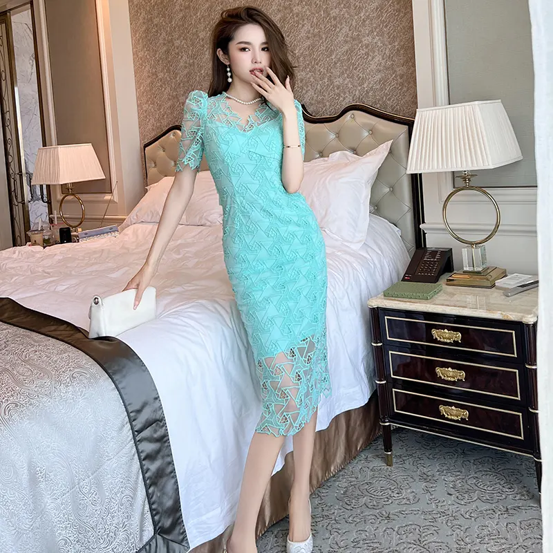 ZYHT 20591 OEM ODM Luxuoso Oco Out Bordado Lace Patchwork Daily Party Dress Lake Green Front Bandage Big Bow Sheer Dress