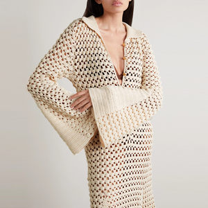 2023 été creux Crochet col en v à <span class=keywords><strong>manches</strong></span> longues <span class=keywords><strong>manches</strong></span> <span class=keywords><strong>évasées</strong></span> pur coton jupe plissée tricoté robe <span class=keywords><strong>pull</strong></span> - Product Image 1