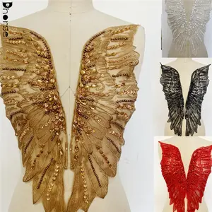 Factory wholesale delicate angel wing design rhinestone sequin beaded hand sewed applique for evening dress