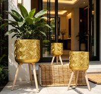 Ensemble de pots à plantes en fibre d'argile de 3 tailles, design minimaliste moderne avec pieds en bois naturel, utilisation intérieure/extérieure pour les plantes de la maison et du jardin