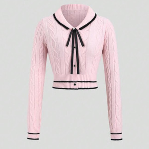 Cardigan en maille torsadée pour femme, manches longues, col contrastant avec lien, simple boutonnage, coupe ample, mode printemps - Product Image 1