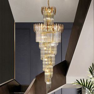 Lustre de luxe en cristal pour escalier à haut plafond, luminaire minimaliste pour villa, salon, luminaire suspendu duplex, style postmoderne, longue suspension - Product Image 4