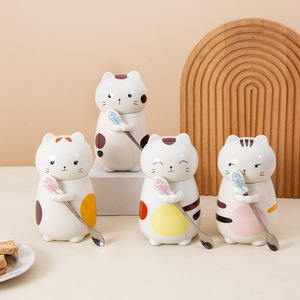 แก้วเซรามิคลายการ์ตูนแมวน่ารัก 3 มิติ พร้อมฝาและช้อน แก้วน้ำเซรามิคคู่รัก แก้วกาแฟสำหรับอาหารเช้า - Product Image 2