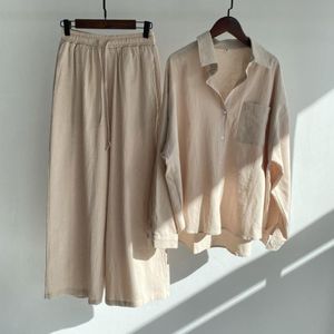Completo <span class=keywords><strong>Donna</strong></span> Primavera Autunno: <span class=keywords><strong>Pantaloni</strong></span> a Vita Alta Larghi in Cotone <span class=keywords><strong>Lino</strong></span> e Camicia, Stile Retrò, Taglie Forti - Product Image 6