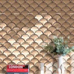 Fan Shaped Mosaic Living Room Hotel Fish Scale Design Embossed Face 3D Fan Shape Golden Ceramic Mosaic