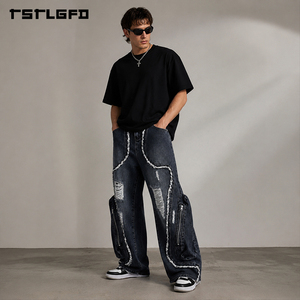OEM ODM Jeans de mezclilla de pierna ancha con flecos y rotos, de peso pesado, estilo streetwear, con paneles de cremallera, al por mayor - Product Image 1