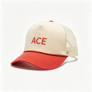 Casquette unisexe en toile 5 panneaux personnalisée avec broderie ACE, bicolore crème et rouge, dos en maille respirante et mousse, pour streetwear et activités de plein air - Product Image 2