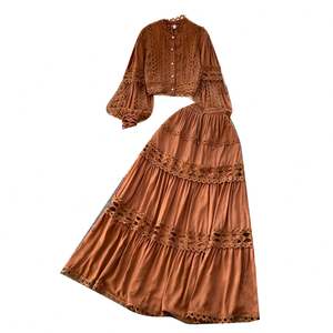 Conjunto Casual de Otoño de 2 Piezas para Mujer, Top Corto con Mangas Farol y Falda de Cintura Alta con Parches de Encaje, Ropa Americana al por Mayor - Product Image 5