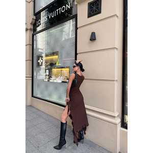 Long Brown Ball Gown <b>Prom</b> <b>Dress</b> with Deep Slit Embroidered Polyester Woven Fabric Empire Waistline Sequined Decoration Size XL - Product Image 2