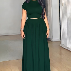 Women's Solid Color Crew Neck T-Shirt and <b>Skirt</b> Casual 2-Piece Set Fashion - Product Image 4