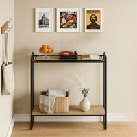 Table console moderne à 2 niveaux en bois avec cadre en métal noir et décoration en fil métallique pour salon, entrée, couloir, utilisation en meubles de maison