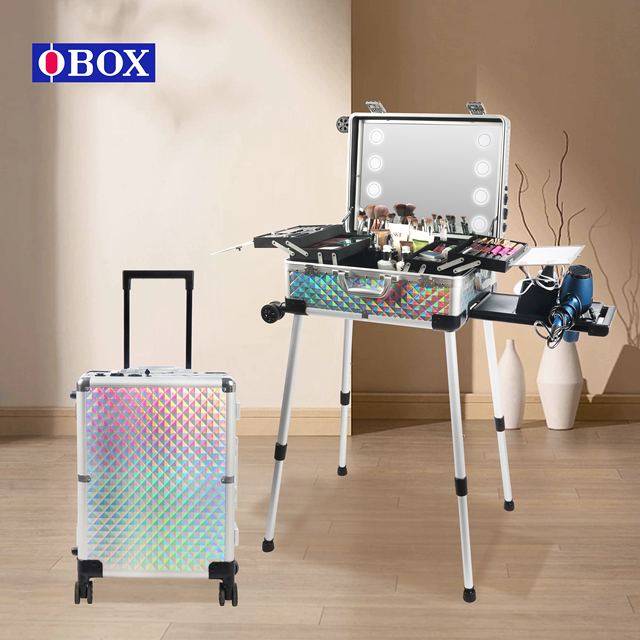 Professional Holographic Aluminum Large Capacity LED-Lighted Rolling Makeup Vanity Studio Trolley Case Durable Adjustable Stands