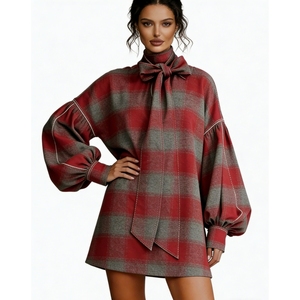 เดรสสั้นผ้ากำมะหยี่ลายสก็อตผูกโบว์สำหรับผู้หญิง - เดรสทรงหลวมแขนพองสไตล์ทูนิคแฟชั่นสำหรับผู้หญิง - Product Image 1