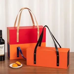 Оптовая продажа, логотип на заказ, двухслойная Роскошная Подарочная коробка с лунным пирогом и вином, глянцевая упаковка с ручкой