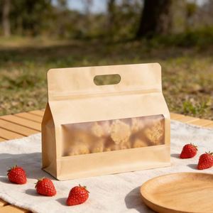 Empaque Personalizable con Asa Troquelada y Ventana Transparente, Apto para Bolsas de Papel Kraft Utilizadas para Envasar Frutas y Postres - Product Image 4