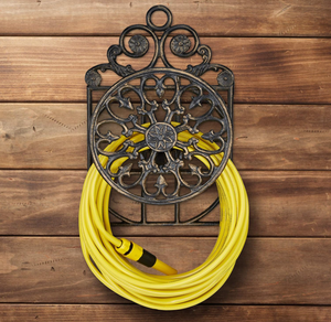 Soporte de manguera de jardín montado en la pared decorativo Vintage francés Floral Scrollwork manguera carrete colgador café oscuro hierro fundido agua - Product Image 5