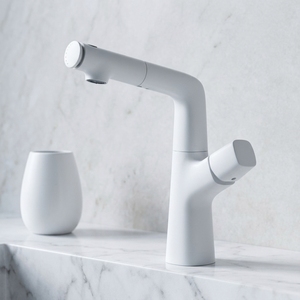 Robinet de lavabo HONGDEC blanc chromé extractible, réglable en hauteur, avec bec rotatif à 360 degrés, double sortie d'eau, mitigeur chaud/froid - Product Image 5