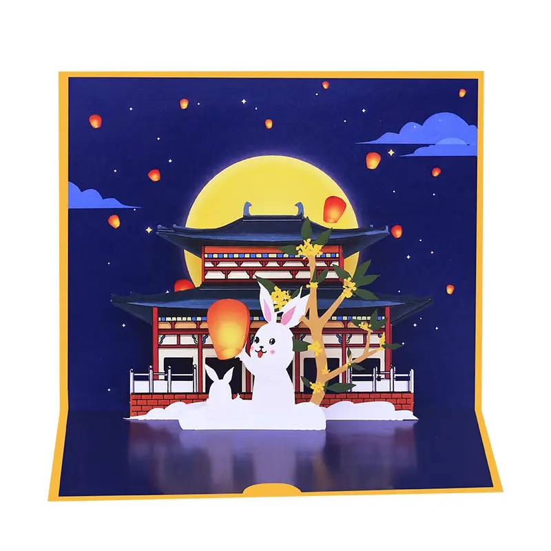 XINDUO impresión en color de mediados de otoño conejo blanco tarjeta de felicitación tridimensional 3D Festival estilo chino negocios Bles