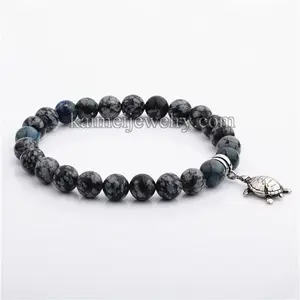 Latest Stone Jewelry Designs Stainless Steel Lucky Turtle Charm Snowflake Obsidian Beads Elastic Bracelets