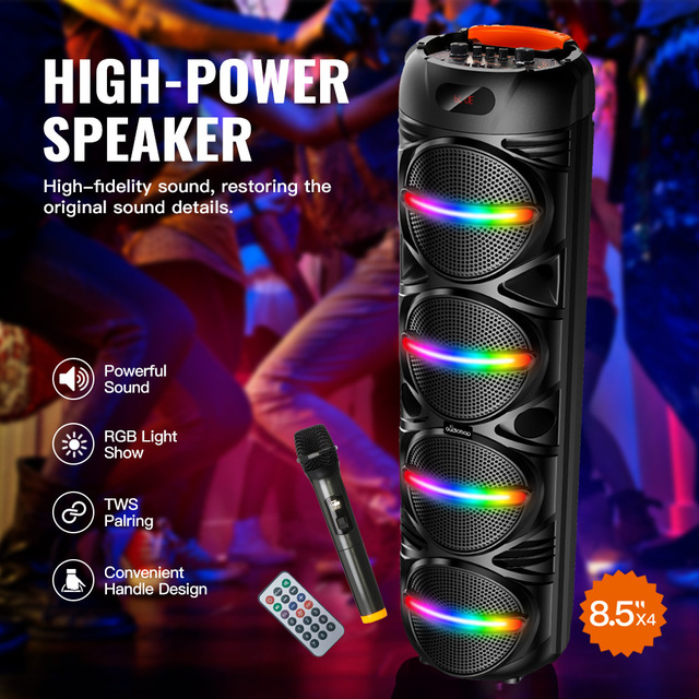 8-Inch X4 Karaoke Outdoor Speaker with Wireless Mic, RGB Lights, LED Display, FM,USB/TF, TWS, Party, BK-16888 Oudiobop