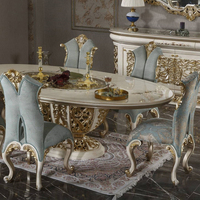 Table de salle à manger avec incrustation en bois de bouleau royal et ensemble de table et chaise de salle à manger au design unique doré