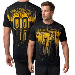 เสื้อบาสเก็ตบอลแบบซับลิเมชั่นสีดำเหลืองสำหรับผู้ชาย คอกลม แขนสั้น ระบายเหงื่อได้ดี พิมพ์ชื่อทีม สำหรับผู้ใหญ่ - Product Image 3
