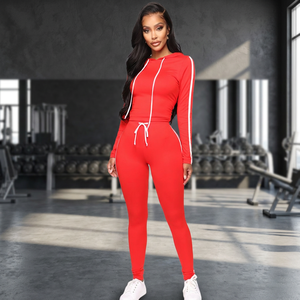 Ensemble 2 pièces personnalisé pour femme en coton extensible à manches longues, sweat à capuche uni décontracté et pantalon legging assorti, OEM, écologique - Product Image 2