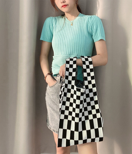 2023 Designer stile coreano borse in maglia all'uncinetto per le donne Casual Tote due Open alla moda modello a scacchi per lo Shopping - Product Image 2