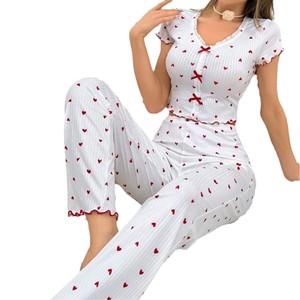 Pyjama femme transfrontalier, ensemble deux pièces, manches courtes, pantalon long, imprimé cœur, nœud, ensemble de vêtements de détente tendance. - Product Image 5